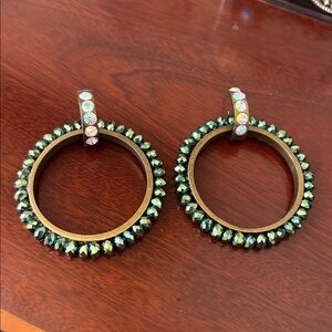 Betsey Johnson sparkly vintage green beaded brass large hoop statement earrings